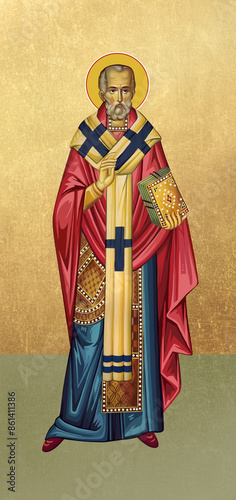 Traditional orthodox icon of Saint Nicholas of Myra. Christian antique illustration on golden background in Byzantine style photo