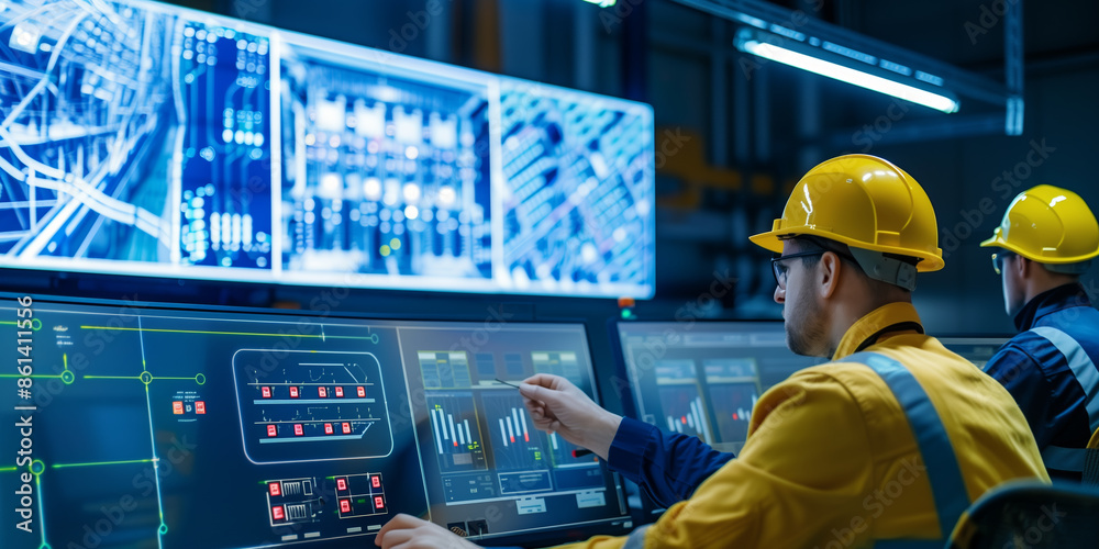 Electrical engineer. Engineer operating grid station using digital screen at industrial plant Electrical engineer. Engineer operating grid station using digital screen at industrial plant