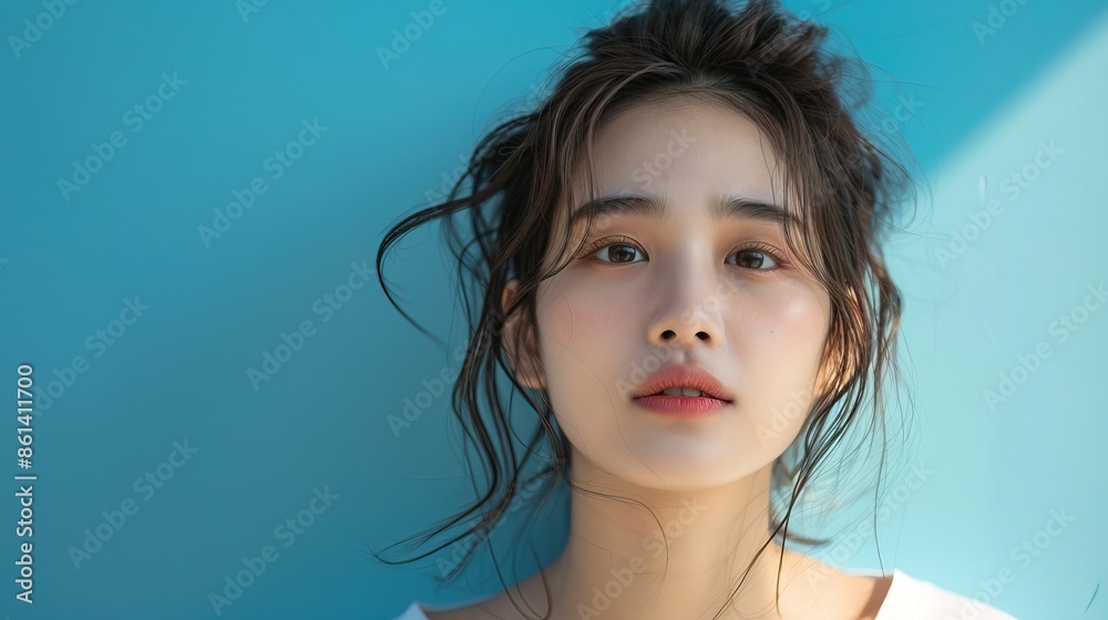 korean woman wearing bella canvas white shirt mockup, at blue background