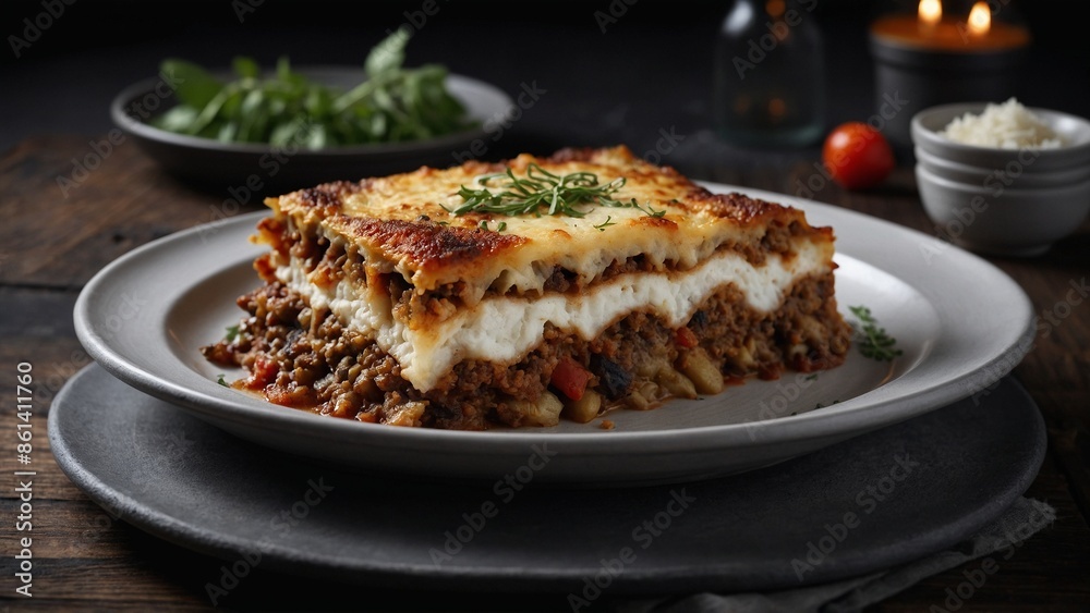 Full frame shot of a Moussaka greece food on a white dish Full frame shot of a Moussaka greece food on a white dish