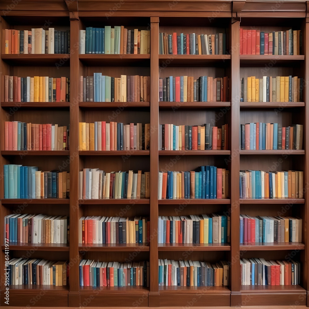 A large wooden bookshelf filled with various books of different colors and sizes A large wooden bookshelf filled with various books of different colors and sizes