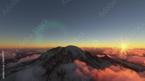 Circular aerial shot at sunset Mount Rainier in Washington. United States