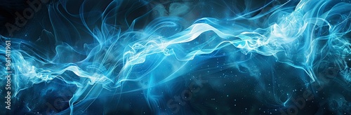 Abstract blue background with glowing light streaks and waves, creating an ethereal effect.