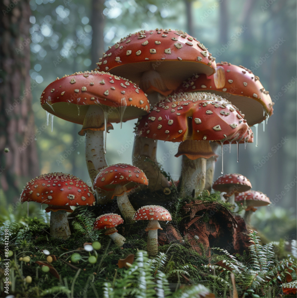 Fototapeta premium beautiful toadstool mushrooms, in the forest, beautiful colours