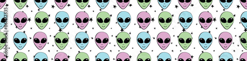 Seamless pattern with Aliens heads in doodle flat style. Humanoids, visitors, Martians. Vector illustration, wallpaper on theme of space, UFO, conspiracy theory, Sci-fi, fantastic