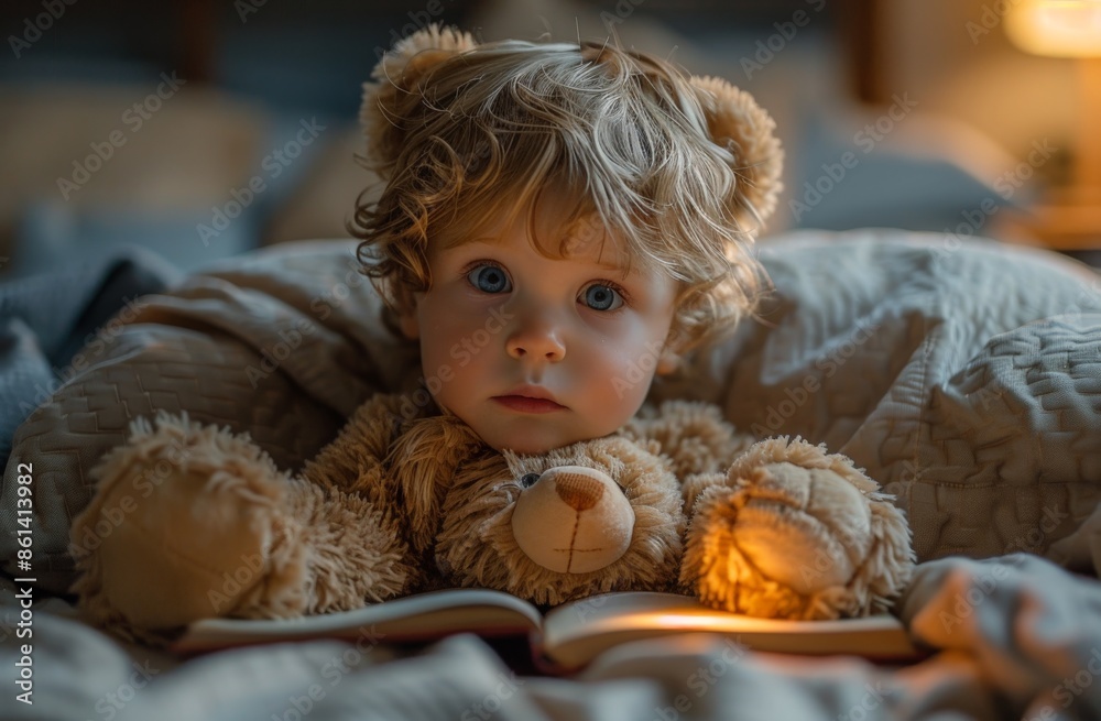 Fototapeta premium A young child with curly blonde hair is sitting in bed with wide blue eyes, attentively reading a bedtime story while cuddling a beloved teddy bear, evening light illuminating.