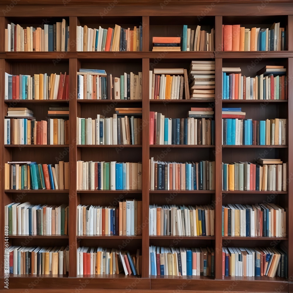 A large wooden bookshelf filled with various books of different colors and sizes A large wooden bookshelf filled with various books of different colors and sizes