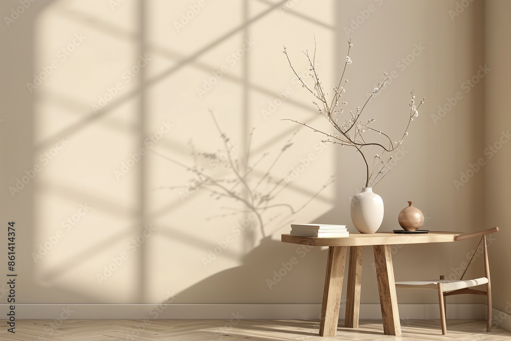 Modern wooden dining table with twig in vase, book, chair in sunlight from window on beige cream wall room for minimal interior design decoration, luxury product display background 3D Modern wooden dining table with twig in vase, book, chair in sunlight from window on beige cream wall room for minimal interior design decoration, luxury product display background 3D