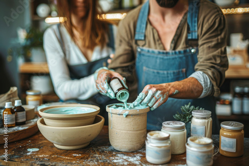 A couple working together in a cozy workshop, creating homemade skincare products with natural ingredients, emphasizing artisanal craftsmanship.