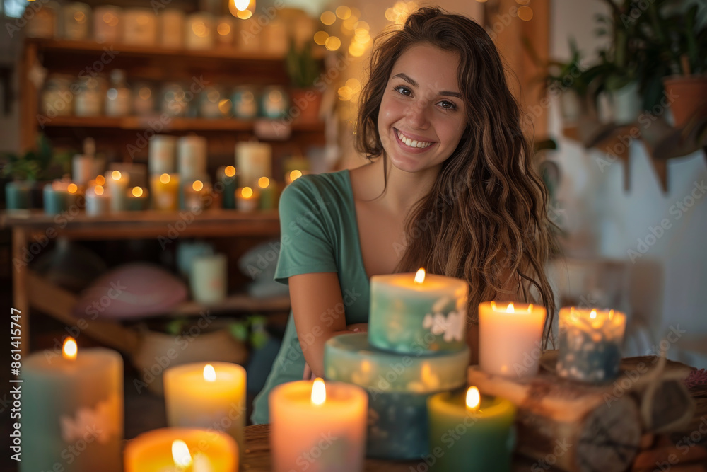 A joyful woman smiling in a cozy candle shop, surrounded by various handmade candles, creating a warm and inviting atmosphere. A joyful woman smiling in a cozy candle shop, surrounded by various handmade candles, creating a warm and inviting atmosphere.