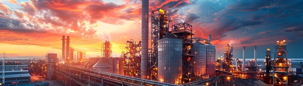 Expansive Modern Cement Factory with Towering Silos and Conveyor Belts in Vibrant Sunrise or Sunset Landscape Expansive Modern Cement Factory with Towering Silos and Conveyor Belts in Vibrant Sunrise or Sunset Landscape