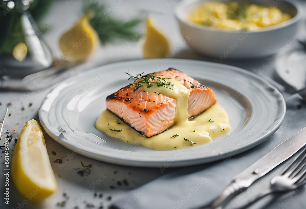 Rosemary roasted salmon served with lemons, topped by mustard rosemary sauce, grilled salmon steak served with fresh herbs, lemon and honey mustard sauce. Lunch in restaurant. Rosemary roasted salmon served with lemons, topped by mustard rosemary sauce, grilled salmon steak served with fresh herbs, lemon and honey mustard sauce. Lunch in restaurant.