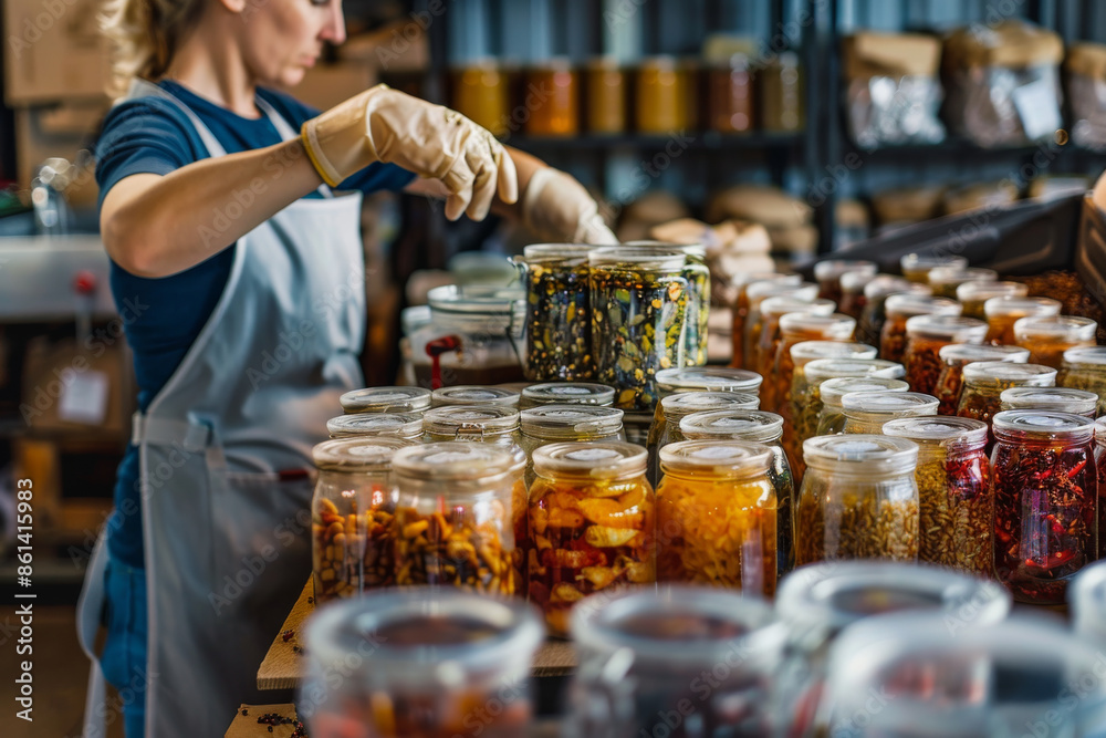 A woman wearing gloves and an apron preparing jars of preserved food in a workshop, showcasing homemade preservation techniques. A woman wearing gloves and an apron preparing jars of preserved food in a workshop, showcasing homemade preservation techniques.
