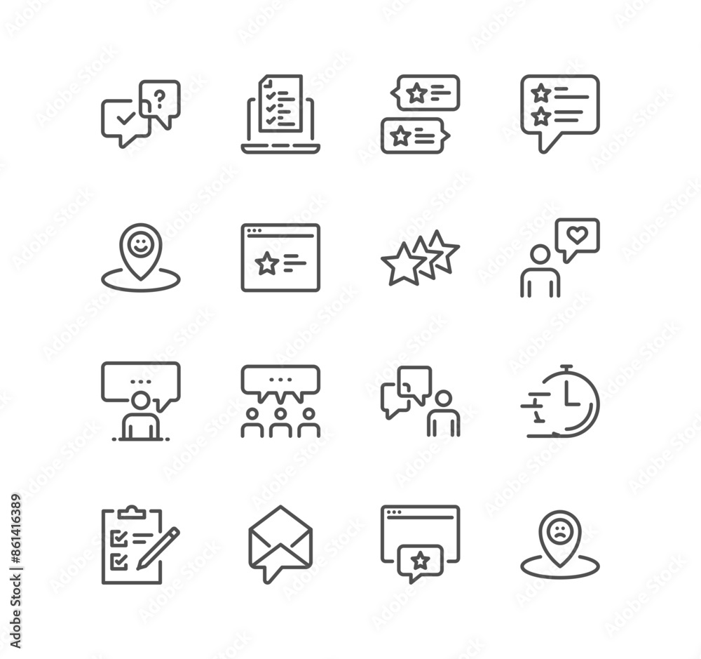 Set of feedback related icons, rating, testimonials, customer relationship management, quick response, review, satisfaction and linear variety vectors.
Set of feedback related icons, rating, testimonials, customer relationship management, quick response, review, satisfaction and linear variety vectors.