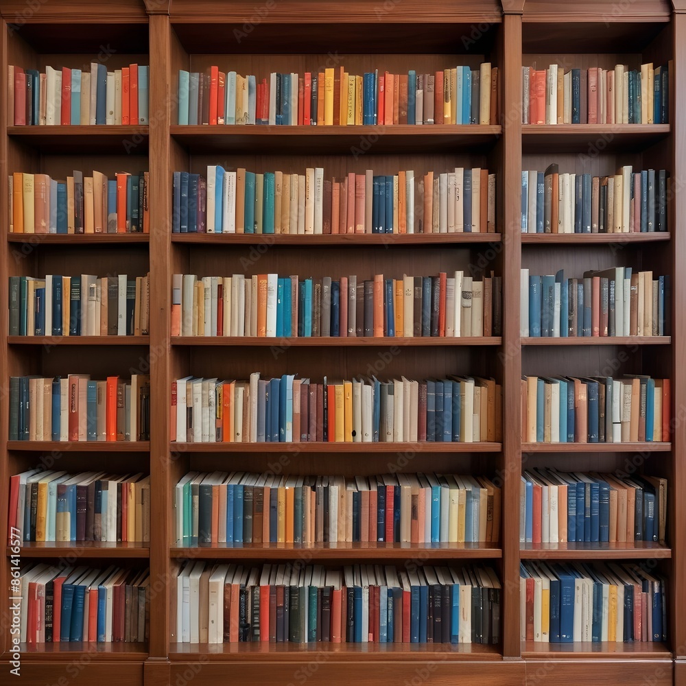 A large wooden bookshelf filled with various books of different colors and sizes A large wooden bookshelf filled with various books of different colors and sizes