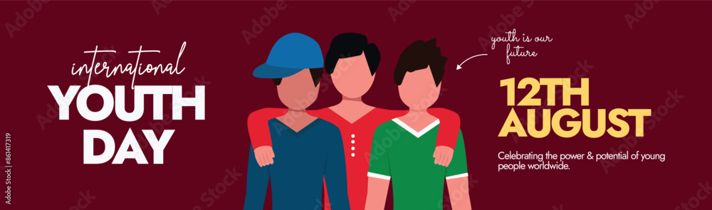 Fototapeta premium International youth day. 12th August Youth day celebration cover banner with three young boys characters. The theme for 2024 Transforming Food Systems: Youth Innovation for Human and Planetary Health