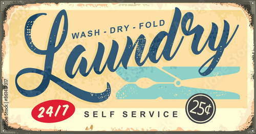 Vintage laundry room sign layout on old rusty background. Retro vector illustration with clothespin graphic.