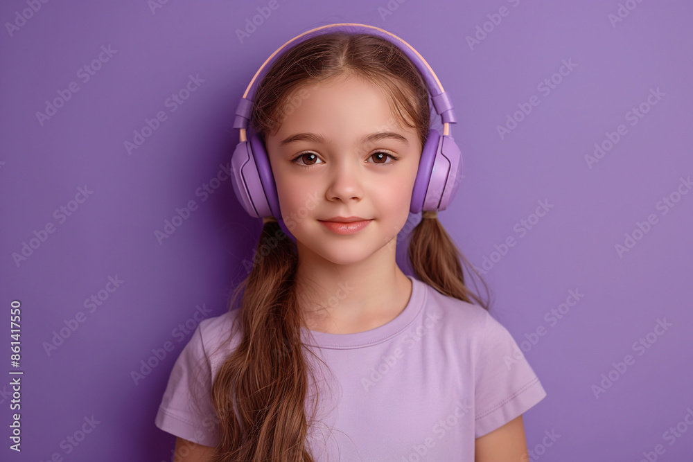 Young girl with long hair wearing purple headphones and a matching shirt, smiling gently against a vibrant purple background Young girl with long hair wearing purple headphones and a matching shirt, smiling gently against a vibrant purple background