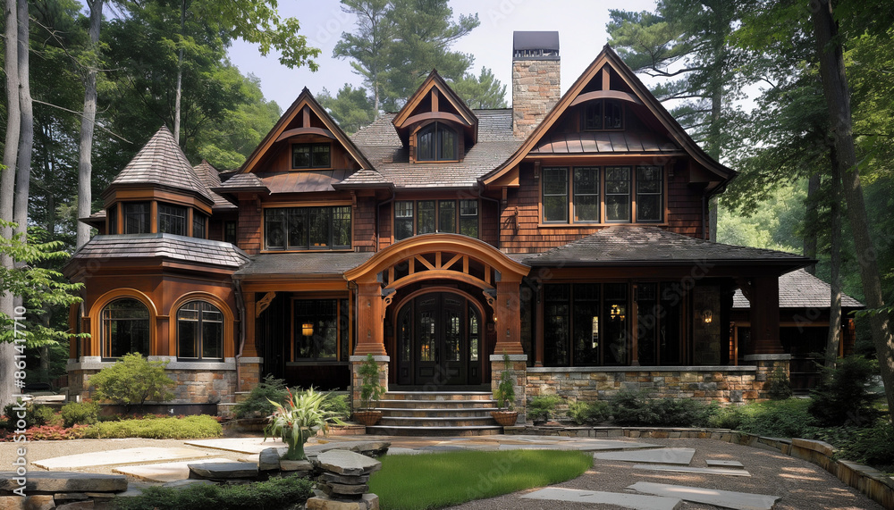 A majestic, rustic mansion surrounded by towering trees, embodying a blend of grandeur and natural beauty in a serene, woodland setting A majestic, rustic mansion surrounded by towering trees, embodying a blend of grandeur and natural beauty in a serene, woodland setting