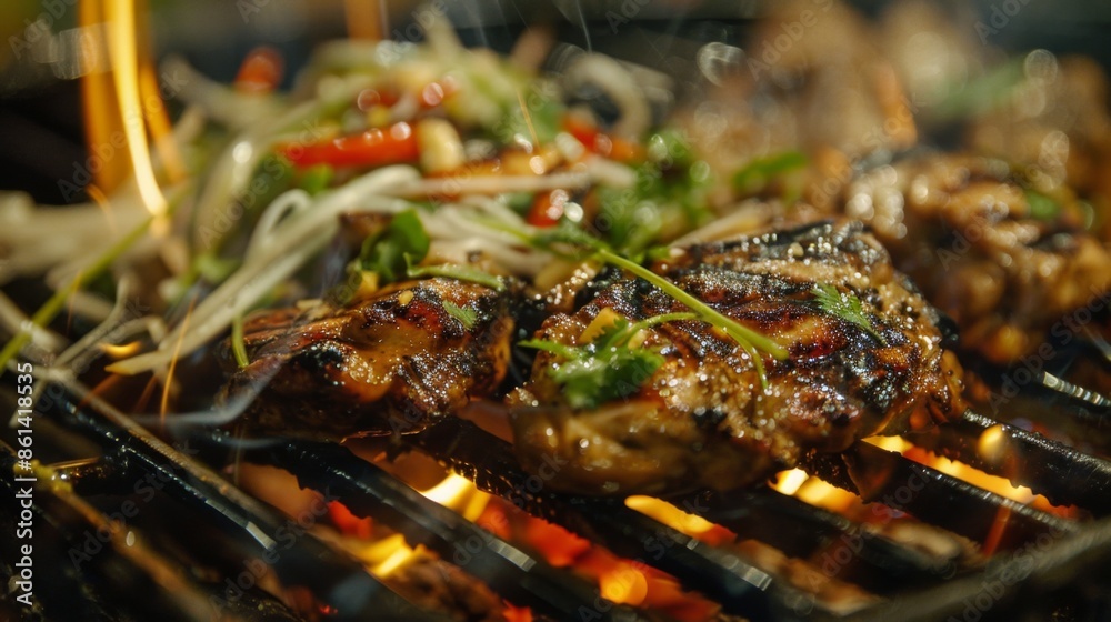 Close-up of grilled chicken thighs marinated in Thai spices, served with green papaya salad Close-up of grilled chicken thighs marinated in Thai spices, served with green papaya salad