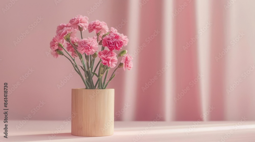 Flower stand with light wood and minimalist Scandinavian design featuring white lilies isolated on a solid bright room Flower stand with light wood and minimalist Scandinavian design featuring white lilies isolated on a solid bright room