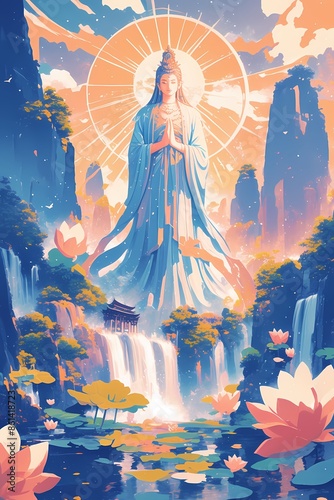 A serene vertical card of vector illustration background portraying Kannon, the goddess of mercy, with compassionate eyes and lotus flowers blooming in a tranquil mountain temple, surrounded by