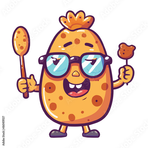 Cartoon happy king potato character with sunglasses holding up a Spoon