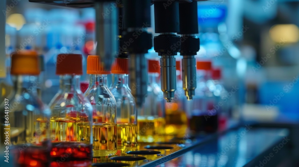 A close-up of laboratory equipment showcasing automated liquid handling systems with various colored liquids in bottles.