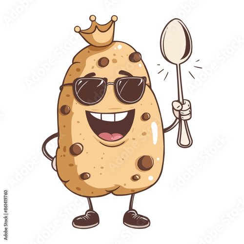 Cartoon happy king potato character with sunglasses holding up a Spoon