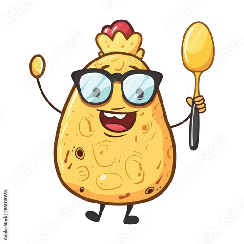 Cartoon happy king potato character with sunglasses holding up a Spoon