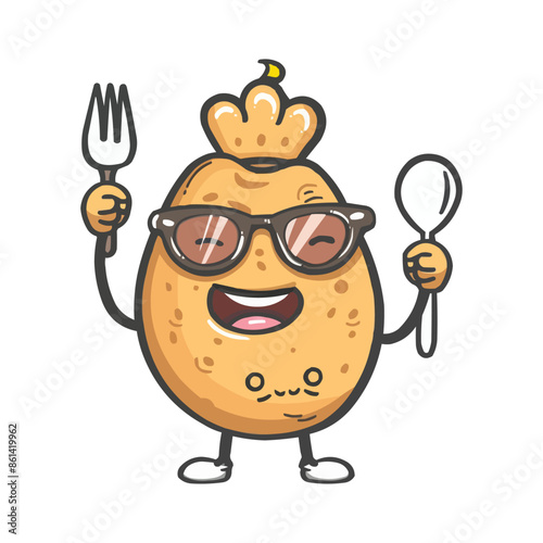 Cartoon happy king potato character with sunglasses holding up a Spoon