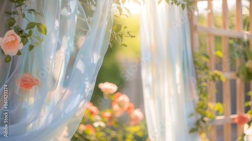 Soft pastelcolored fabric cascading down the trellis adding a touch of elegance to the garden. photo