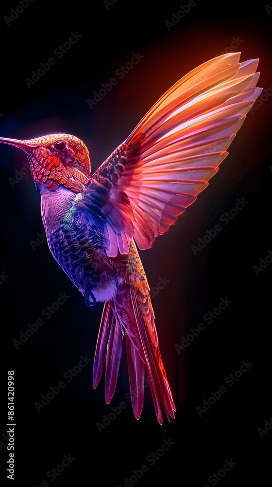 Fototapeta premium Vibrant Neon Hummingbird Wing in Midair Against Black Background