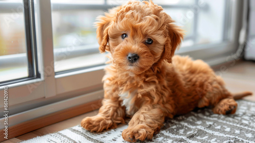 Adorable maltipoo puppy lying on a floor carpet near window in living room. Domestic animals concept. Copy space.