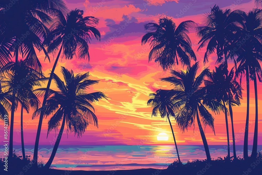 A colorful sunset lights up the sky, casting palm tree silhouettes against the horizon. The ocean reflects the warm light, creating a serene tropical scene. Generative AI