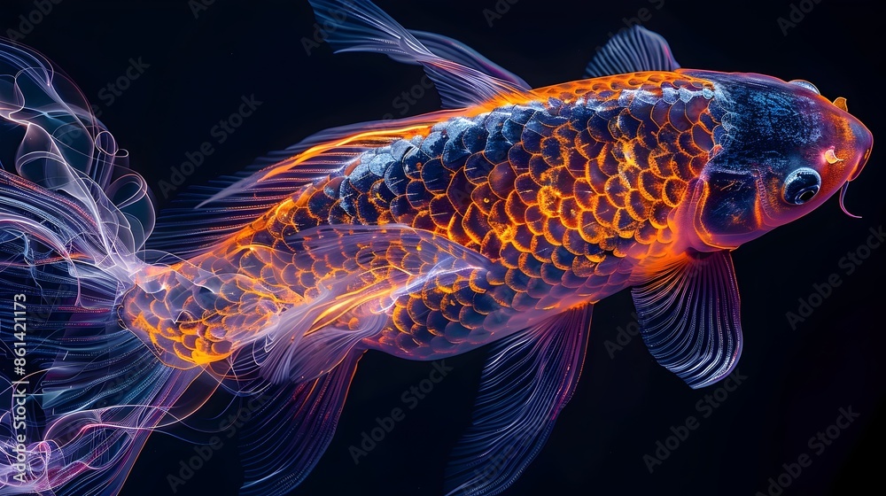 Neon Koi Fish Swimming Against Dark Backdrop with Intricate Glowing Patterns Neon Koi Fish Swimming Against Dark Backdrop with Intricate Glowing Patterns