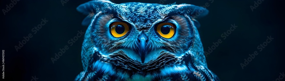 Neon Owl with Glowing Eyes Perched in Ethereal Blue and Green Feathers on Black Background