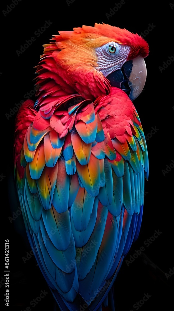 Fototapeta premium Stunning Neon Macaw Parrot Preening on Dark Background