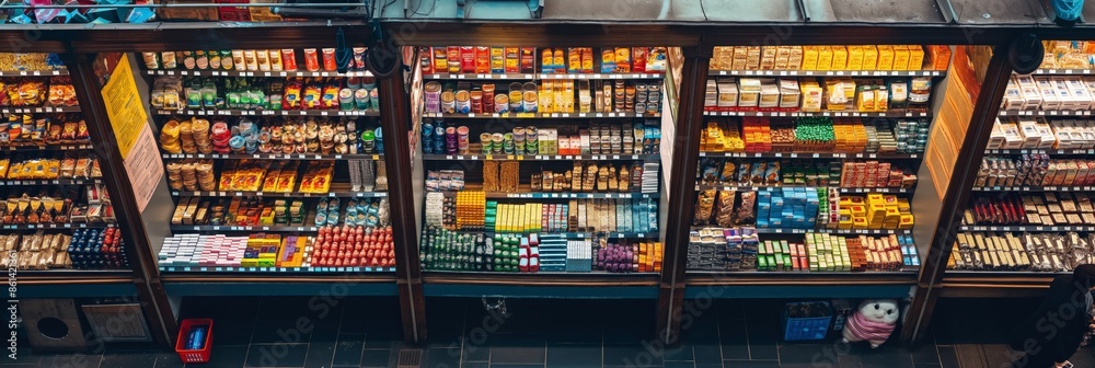 Fototapeta premium top view perspective of street grocery store sell many snacks and drinks