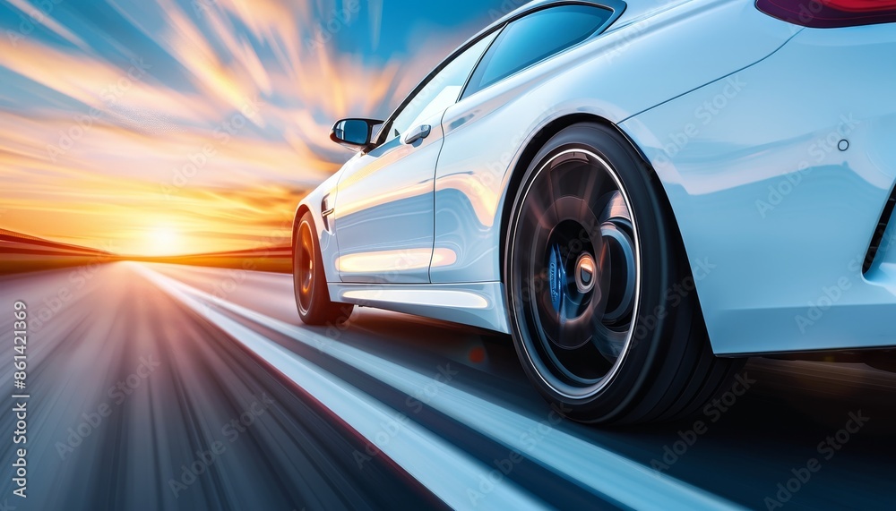 Close up of speeding sports car on road with blurred background, emphasizing dynamic motion Close up of speeding sports car on road with blurred background, emphasizing dynamic motion