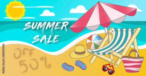 Bright Banner summer discounts with a beach, a rod and beach slippers