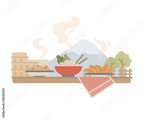 Different foods of the world. Italian, Chinese and homemade food.