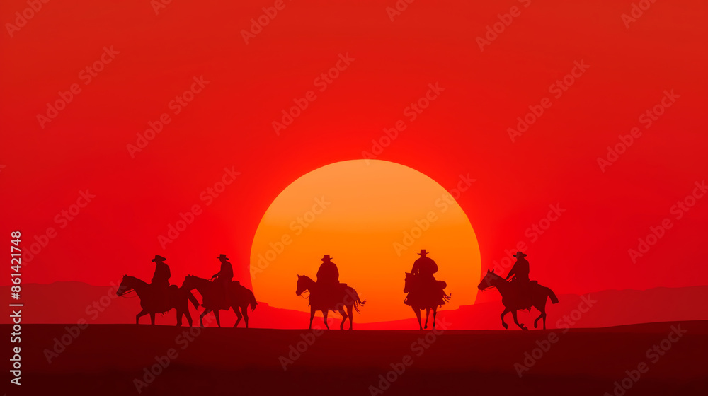 Fototapeta premium Silhouetted horse riders journeying at sunset against an orange sky, creating a dramatic and adventurous scene in the open landscape.