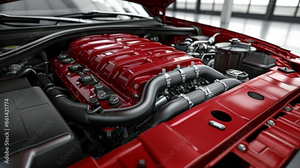 Fototapeta premium Close up of the exposed car engine under an open hood, showing intricate details