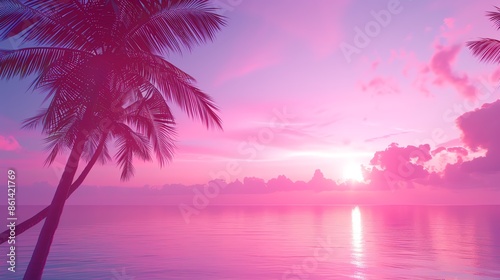 Stunning tropical beach sunset with colorful pink and purple sky reflecting on calm ocean water, accompanied by silhouettes of palm trees.