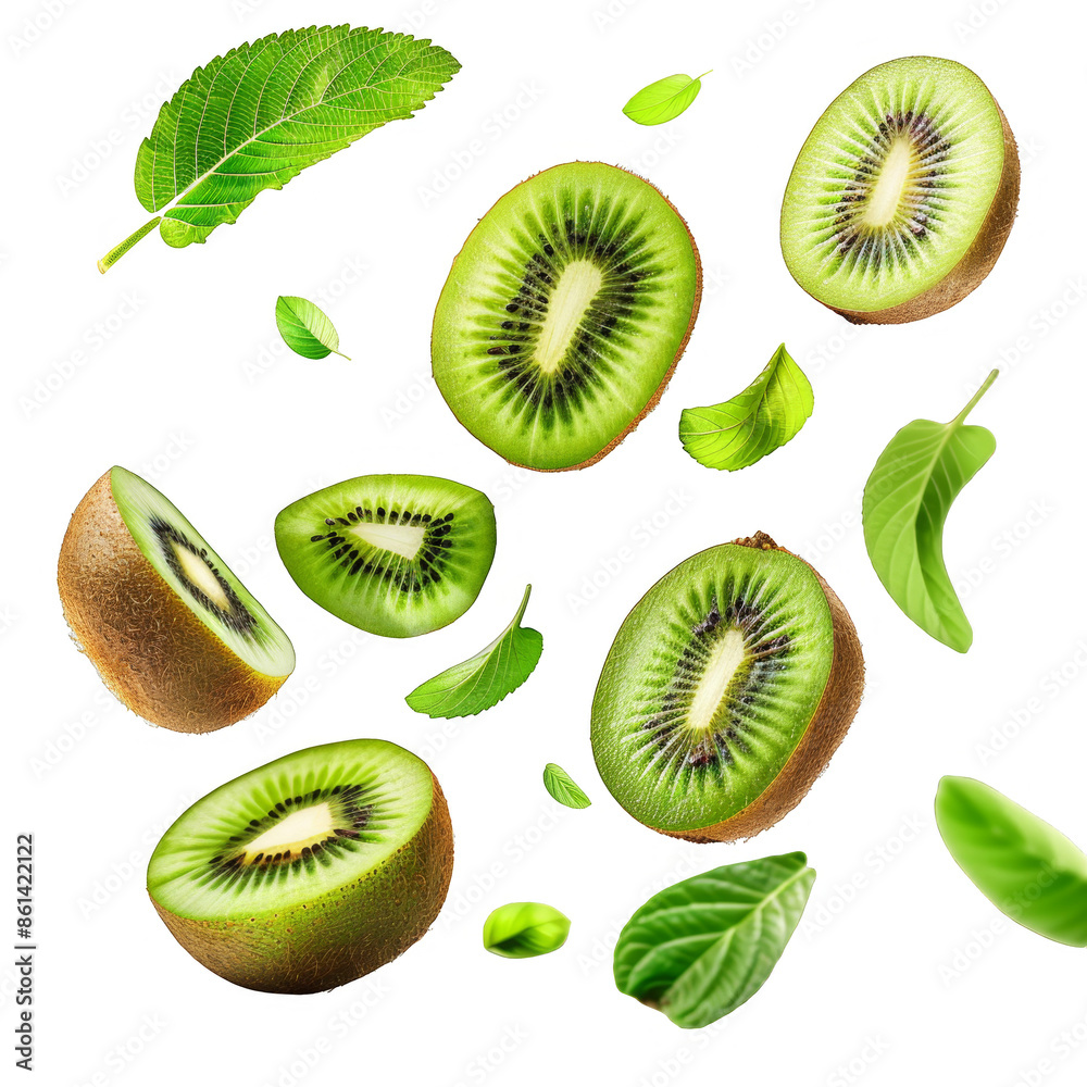 Fototapeta premium Kiwi with half slices falling or floating in the air with white background, Fresh organic fruit with high vitamins and minerals.