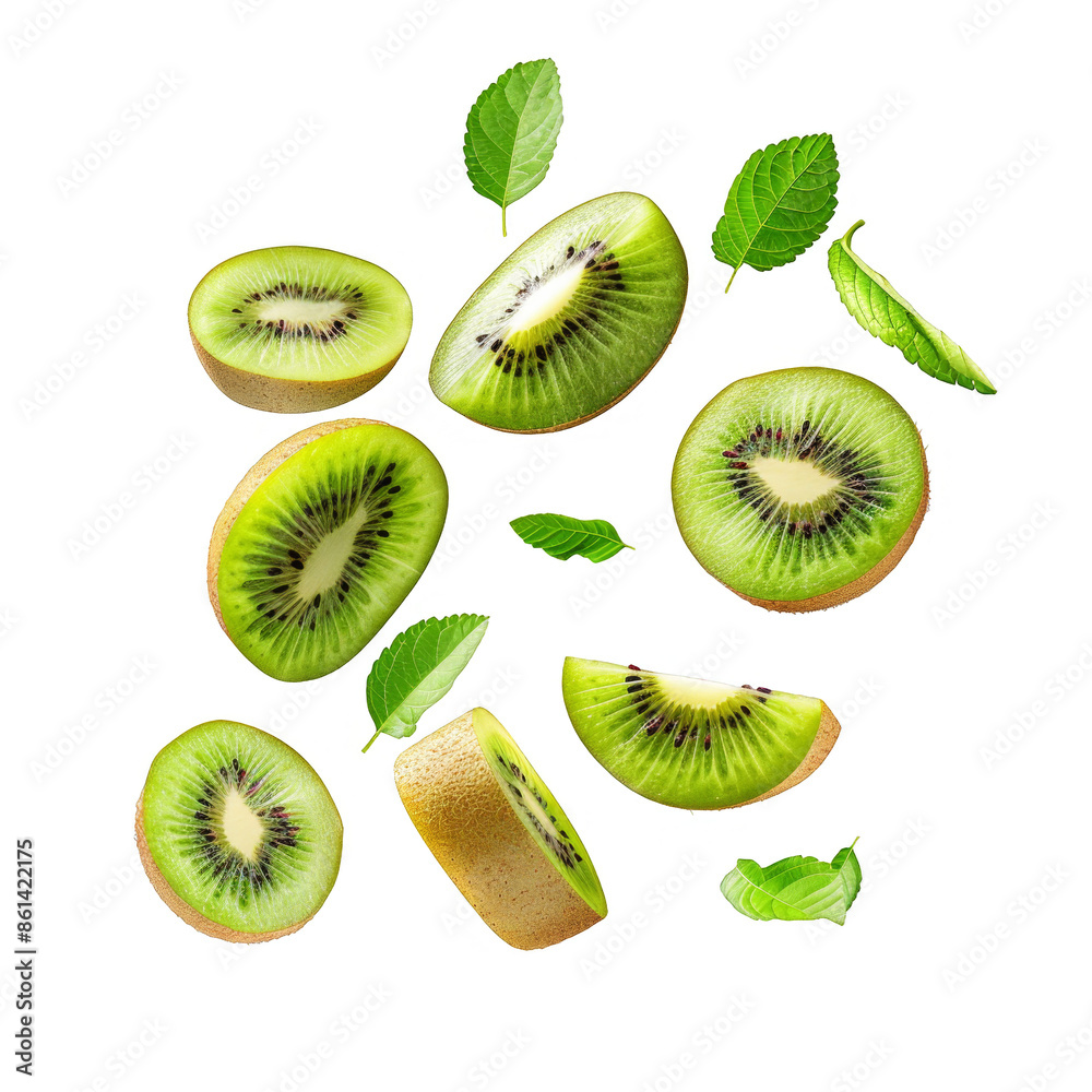 Fototapeta premium Kiwi with half slices falling or floating in the air with white background, Fresh organic fruit with high vitamins and minerals.