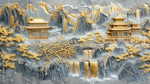 3D luxury wallpaper mural with a golden landscape and cherry blossoms, a silver waterfall, mountains and clouds in the background, and gold buildings on a gray stone background. 