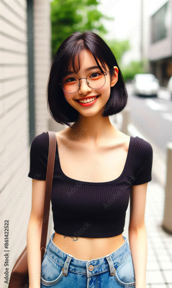 beautiful Japanese girl, beautiful smile, with black hair short to the ears, wearing a glasses. 6 beautiful Japanese girl, beautiful smile, with black hair short to the ears, wearing a glasses. 6