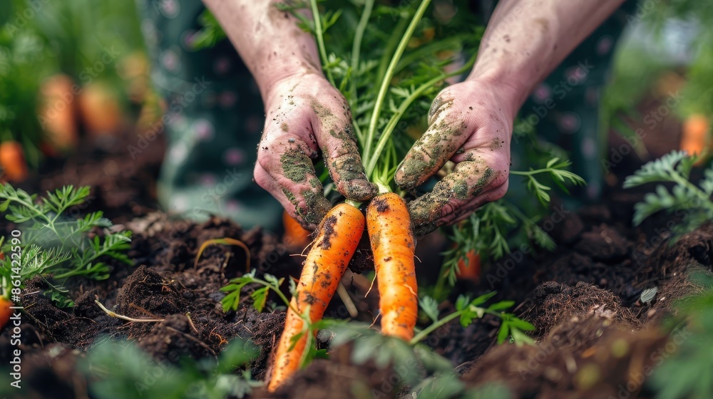 Image of hands meticulously plucking fresh, earthy carrots from garden soil, emphasizing the farm-to-table trend and organic gardening practices. Image of hands meticulously plucking fresh, earthy carrots from garden soil, emphasizing the farm-to-table trend and organic gardening practices.
